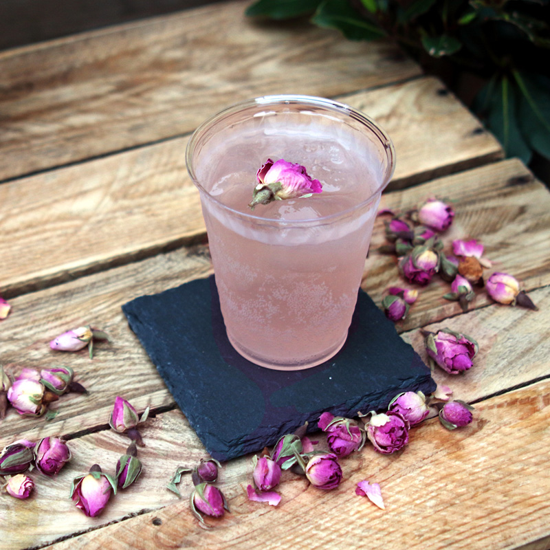 Slake Gin Fitz cocktail garnished with dried rose bud