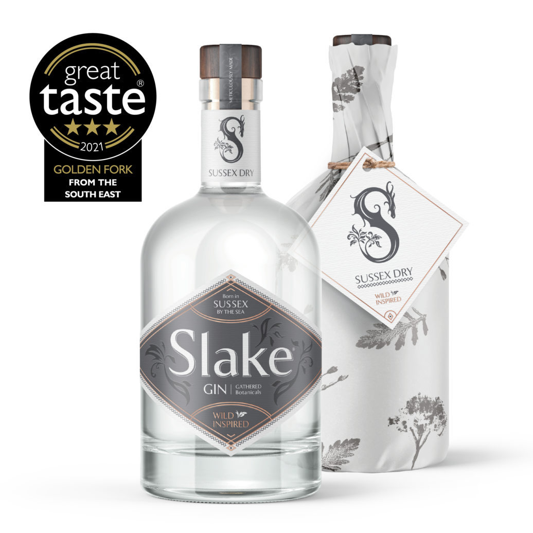 Slake Spirits Sussex Dry Gin bottles wrapped and unwrapped 3 star Great Taste & Golden Fork winner 2021