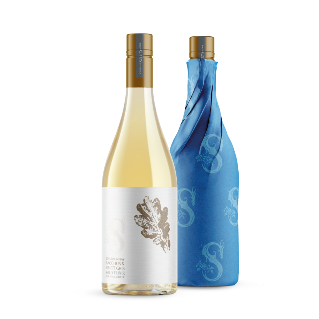 Wild Elixir Chardonnay, Bacchus and Pinot Gris Oak-aged Sussex Aperitif wrapped and unwrapped bottles