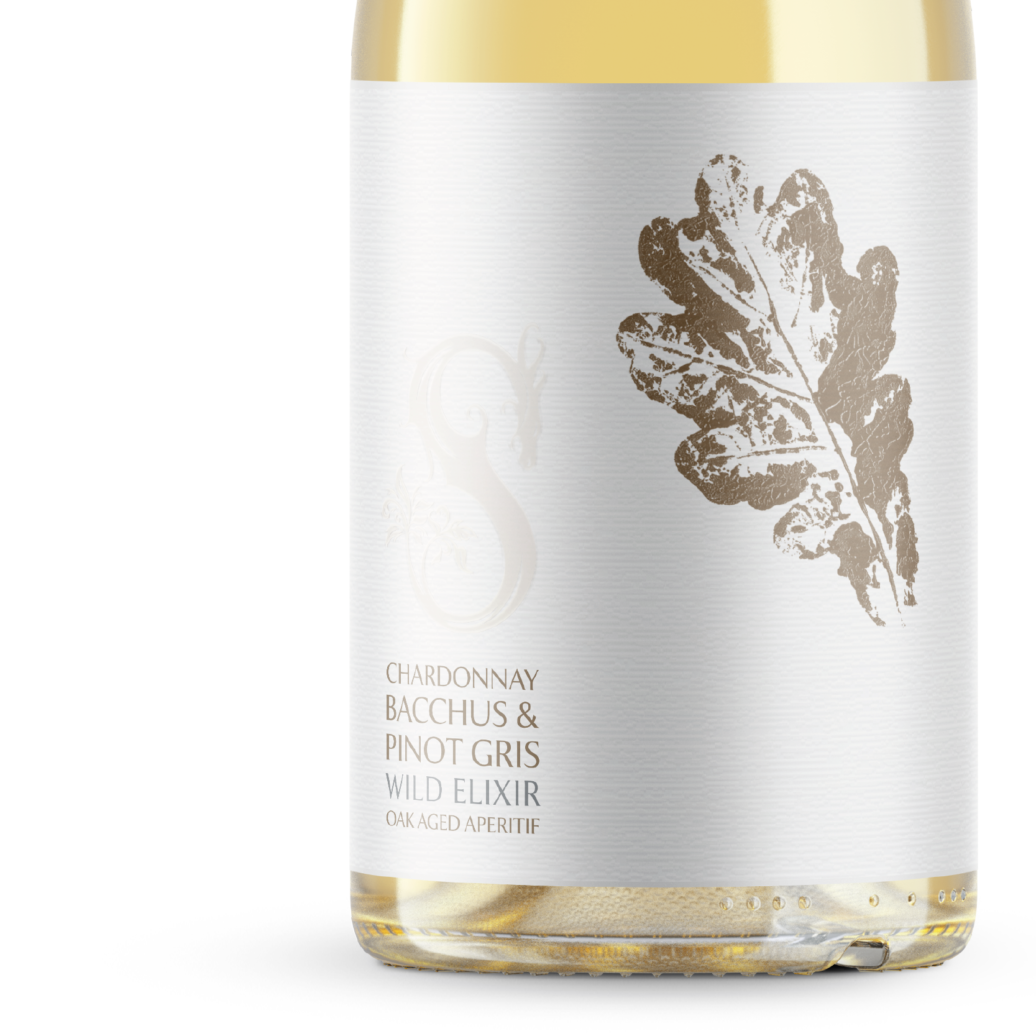 Wild Elixir Chardonnay, Bacchus and Pinot Gris Oak-aged Sussex Aperitif bottle label closeup