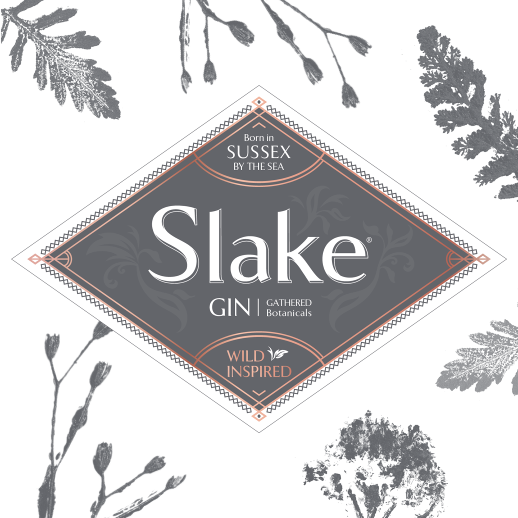 Slake Spirits Sussex Dry Gin Label with aromatic botanical print