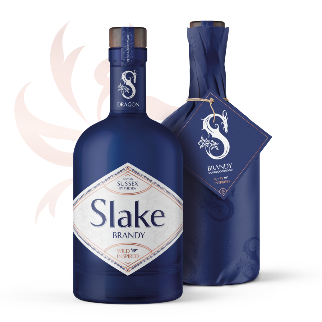 Slake Spirits Dragon Brandy blue bottles unwrapped and wrapped in Sussex Knucker print coming soon