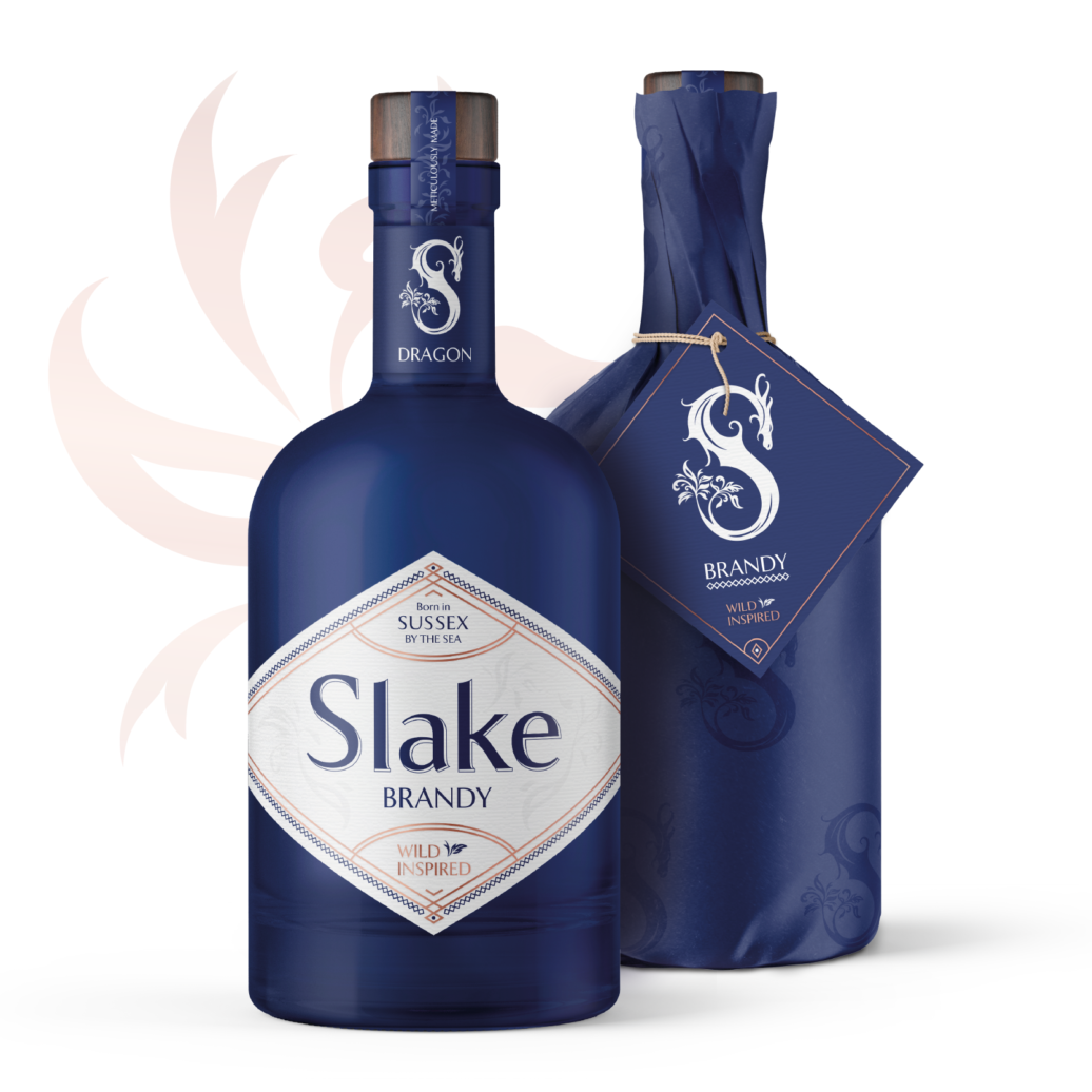 Slake Spirits Dragon Brandy blue bottles unwrapped and wrapped in Sussex Knucker print coming soon