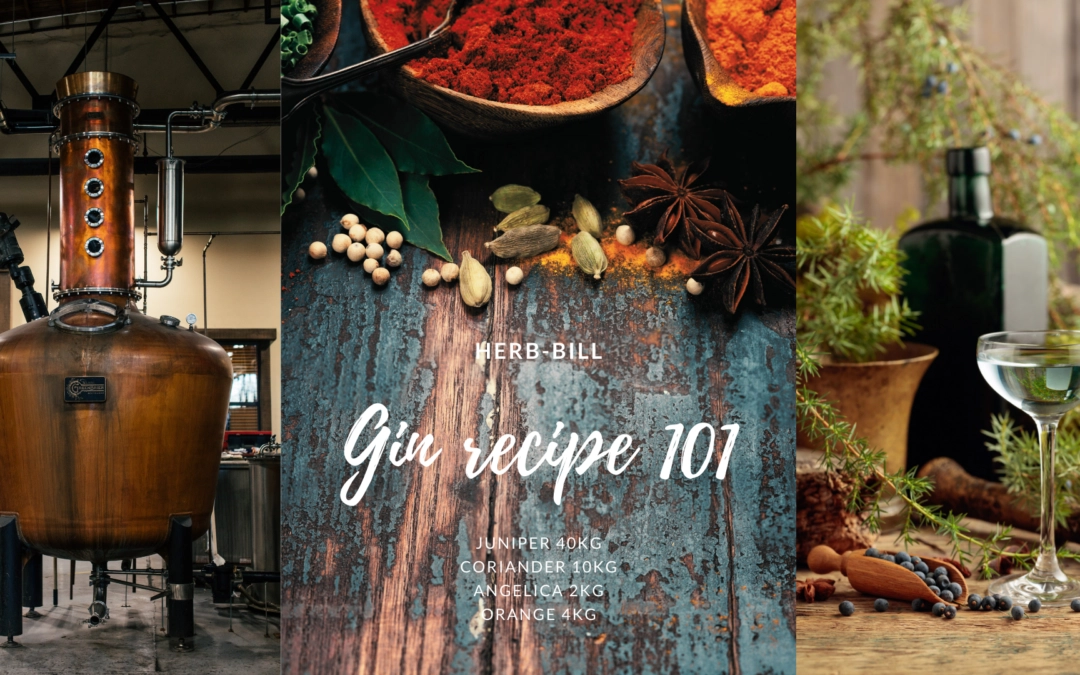 Left image: Old copper still Centre image: Herbs and spices laid out on table with gin recipe or herb bill written out Right image: Glass of gin with gin bottle and juniper in the background.