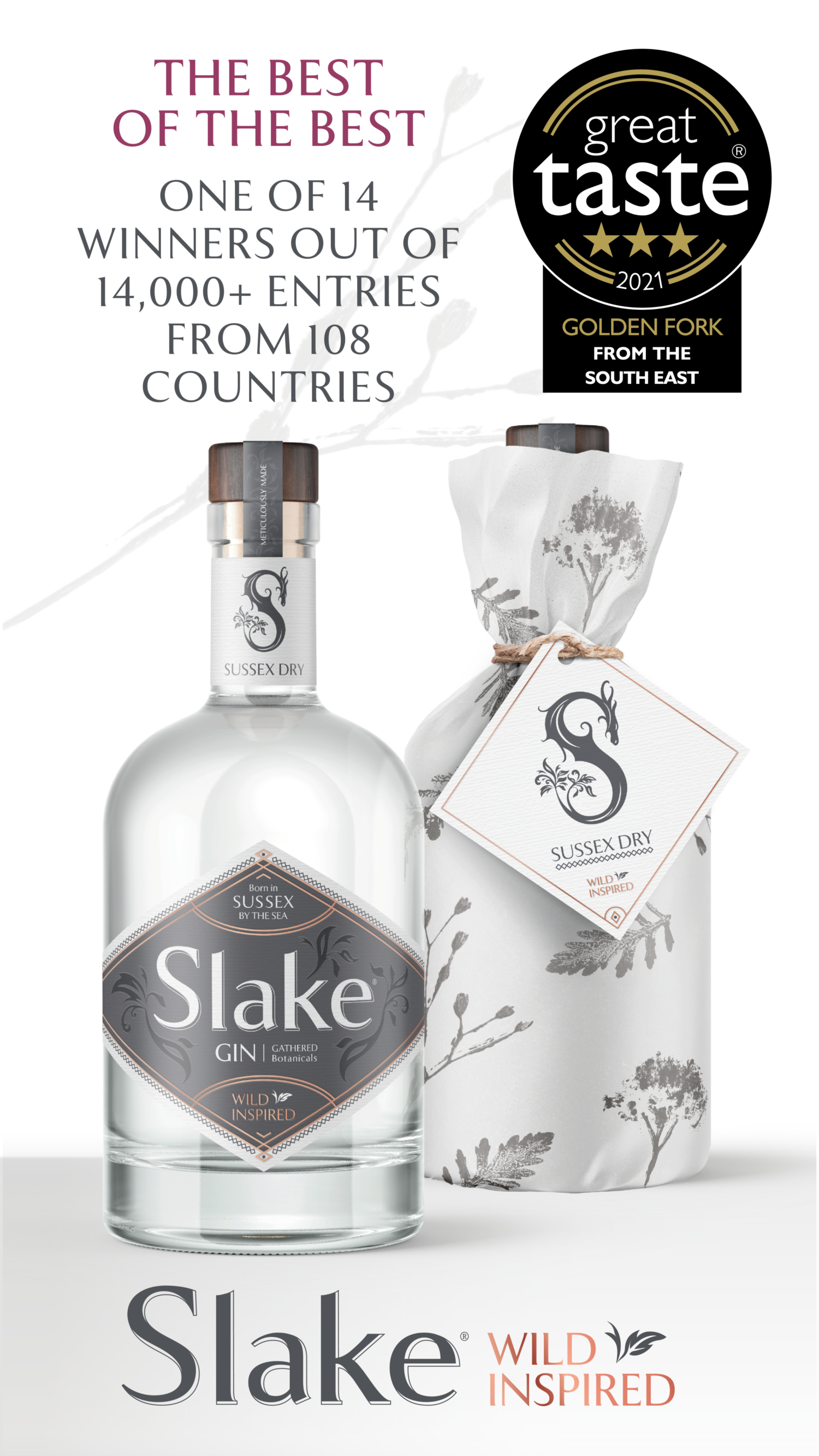 Slake Spirits Sussex Dry Gin bottles wrapped and unwrapped 3 star Great Taste & Golden Fork winner 2021