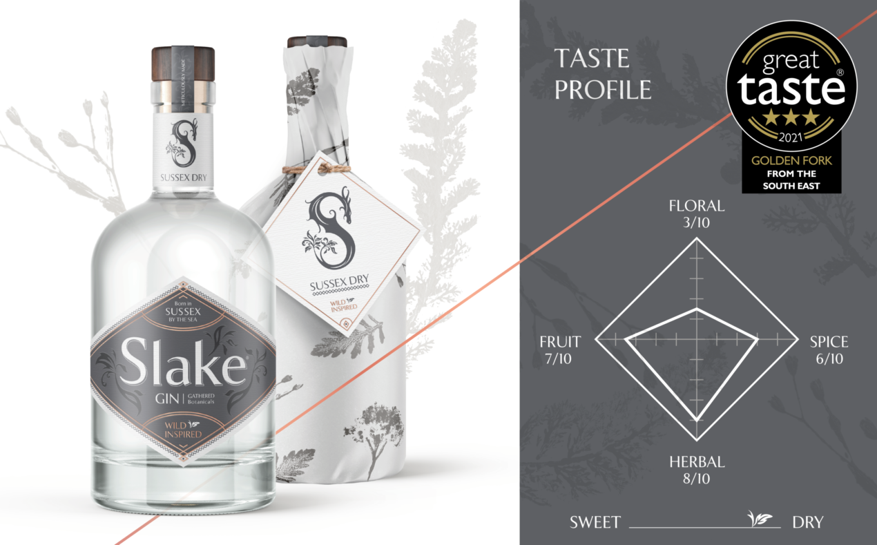 Slake Spirits Sussex Dry Gin and flavour profile diamond Floral 3/10 Spice 6/10 Herbal 8/10 Fruit 7/10 3 star Great Taste Award & Golden Fork for the South East winner 2021