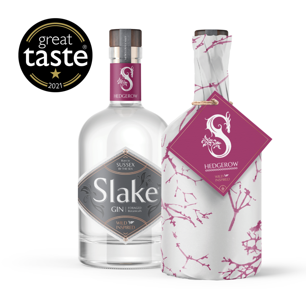 Slake Spirits Hedgerow Gin bottles wrapped and unwrapped 1 star Great Taste Award 2021