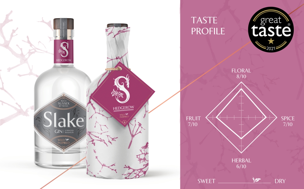 Slake Spirits Hedgerow Gin and flavour profile diamond Floral 8/10 Spice 7/10 Herbal 6/10 Fruit 7/10 1 star Great Taste Award 2021