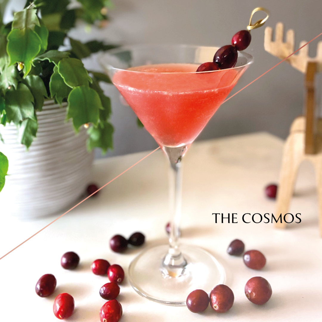 Gin & cranberry juice cocktail served in a martini glass and garnished with a cranberry skewer