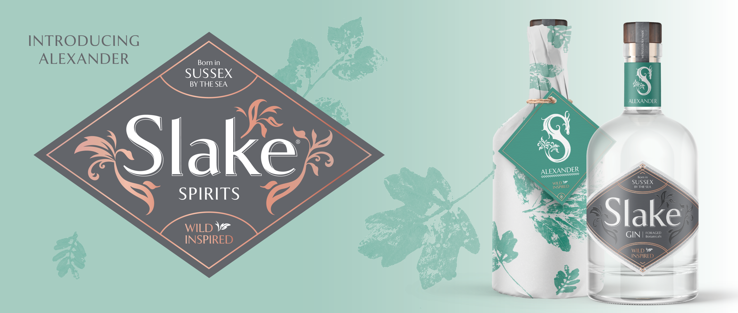 Slake Spirits Logo with copper botanicals and bottles of Sussex Dry Gin in industrial flint half recycled glass and Hedgerow Gin wrapped with aromatic botanical print Great Taste Golden Fork from the South East winner 2021